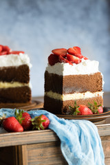 Sliced homemade chocolate naked cake with strawberries.