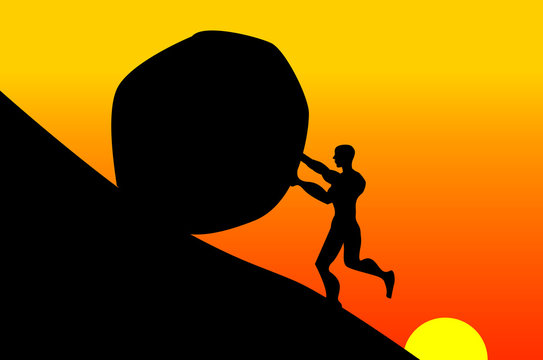 Ilustra&ccedil;&atilde;o representando a silhueta do personagem S&iacute;sifo ou SiSyphus da Mitologia grega durante um p&ocirc;r do sol.