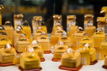 Golden accessories in a jewelery store