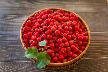 Red berries of hawthorn in the basket standing on a wooden table. Copy space.