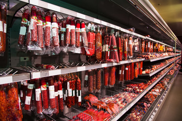 Sausages in a butcher shop window