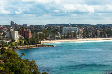 Views of Manly beach from Shelly headland in Sydney's Northern suburbs, New South Wales, Australia. 