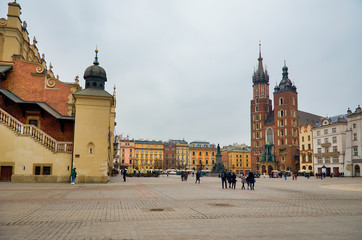 Poland. Krakow. Houses and street of the city of Krakow. Cityscape. February 21, 2018