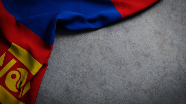 Flag of Mongolia on concrete backdrop. Mongolian flag background with copy space