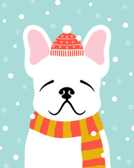 Christmas dog cute cartoon vector portrait. Puppy French bulldog wearing  scarf. Winter, Christmas, pets, dog lovers theme design element, flat contemporary style