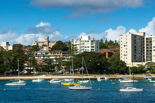 Views of Manly with St Patrick's Seminary on the hilltop, Sydney northern beaches, New South Wales, Australia.