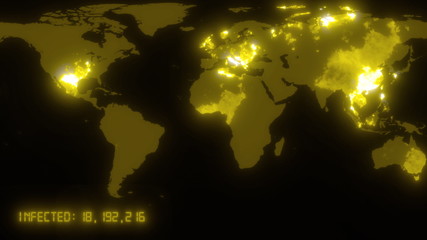 Dark coronavirus COVID-19 world map with data and pandemic warning in yellow color. China wuhan virus infection is spreading across the world. 3d rendering animated background in 4K.
