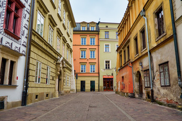 Fototapeta na wymiar Poland. Krakow. Houses and street of the city of Krakow. Cityscape. February 21, 2018
