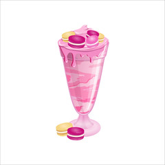 Giant milkshake with macaroons in the decorative glass. Freakshake dessert with berries. Strawberry drops on the glass with dessert. Cherry, cranberry, raspberry ice cream with whipped cream. Vector