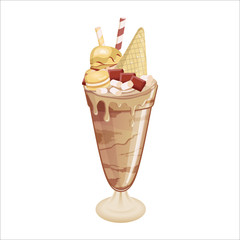 Giant milkshake with marshmallow, drinking straw, waffle,chocolate,caramel, macaroon. Brown freakshake in the glass. Chocolate drops on the glass with dessert. Caramel ice cream with whipped cream.
