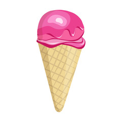 Tasty sweet ice-cream dessert vector illustration. Balls of ice cream in waffle with strawberry glaze on the top for cafe, restaurant menu, print, fabric, advertisement. Summer dessert for hot day