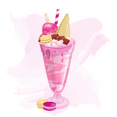 Giant milkshake with marshmallow, drinking straw, strawberry, waffle,chocolate,macaroon. Berry freakshake in the glass. Strawberry drops on the glass with dessert. Cherry ice cream with whipped cream.