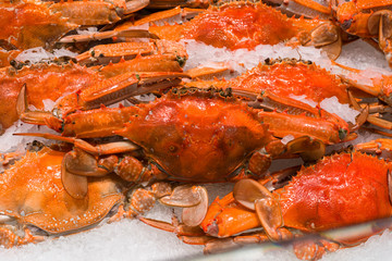 Cooked Blue Swimmer Crabs on sale at Sydney fish market, New South Wales, Australia