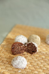 Homemade vegan candies on clear background without sugar