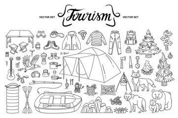 Vector set on the theme of tourism and travel. Colorful doodles of camping equipment, clothing, dishes, wild animals, nature. Isolated cartoon elements on white background