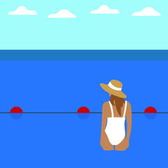 Female character in a swimsuit and hat looks into the distance behind the buoys