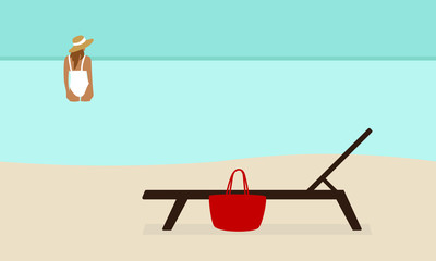 Female character left a bag near a deck chair on the beach and goes into the sea