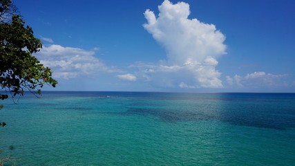 sea, beach, ocean, water, sky, tropical, island, blue, sand, nature, landscape, summer, paradise, travel, horizon, clouds, cloud, vacation, turquoise, coast, holiday, relax, beautiful, wave, caribbean