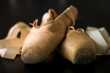 close up in pointe shoe, short depth of field.