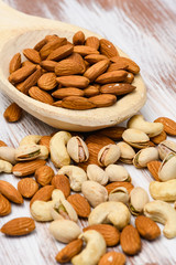 Close-up of dried almonds in a wooden spoon on a wooden background. Various varieties of nuts on a wooden table.