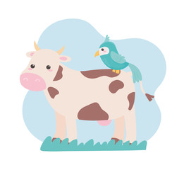 cute cow parrot grass cartoon animals in a natural landscape
