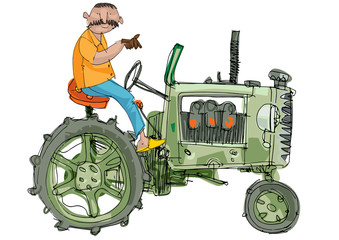 A vintage tractor is driven with mustached indian farmer. Caricature. Hand made sketch.