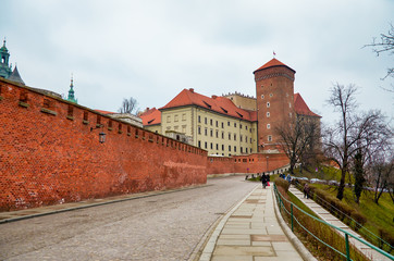 Poland. Krakow. Houses and street of the city of Krakow. Cityscape. February 21, 2018