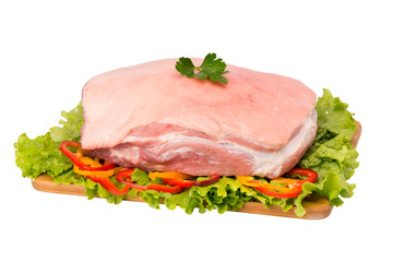 raw pork meat on cutting board on white background