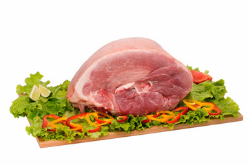 raw pork meat on cutting board on white background