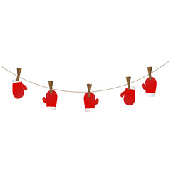 New Year, Christmas, winter element, red mittens on clothesline with clothespin illustration