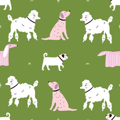 Seamless pink and white dog monochrome retro hipster pattern with green background