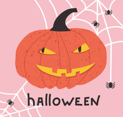Vector illustration of a Halloween pumpkin with cobwebs and spiders.