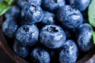 Freshly picked blueberries in coconut bowl on dark background.