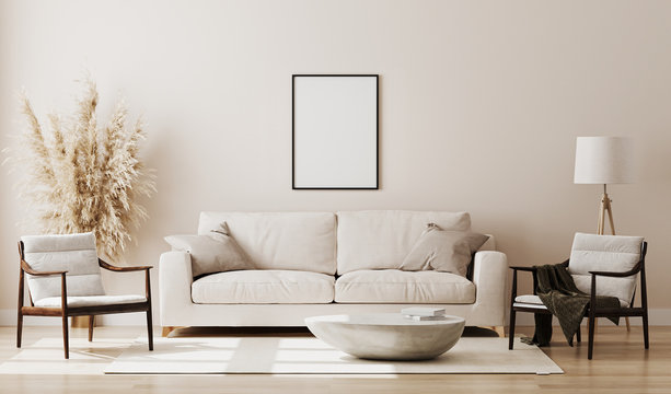 Blank poster frame mock up in beige room interior , 3d rendering