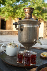 Traditional Azerbaijani aromatic tea, samovar with teapot