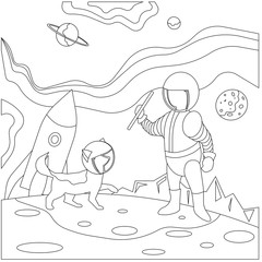 Astronaut is playing with a dog in outer space black lined countour on white isolated background, concept of Anti stress activity and Coloring, Color books and pages, Cosmos and Universe, Pets.