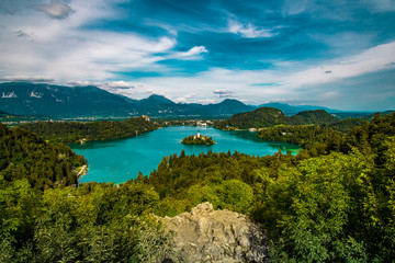 Fototapeta na wymiar Panoramic view of Lake Bled, Gorenjska region, Slovenia