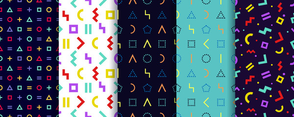 Set of five memphis seamless patterns. Colorful geometric background. Geometric textures. Vector. Wrapping paper design. Minimal abstract cover. Pattern templates in swatches panel