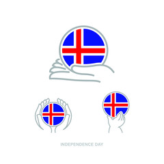 Obraz premium Illustration of hands holding the national flag in a circle. independence day. ICELAND. 17th of JUNE. Isolated vector.