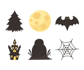happy halloween, trick or treat party castle gravestone bat gravestone tree moon icons