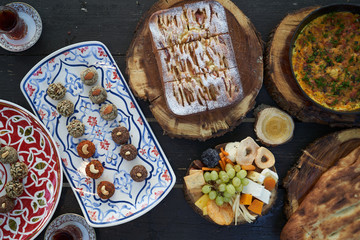 Breakfast table with snacks and dessert food.