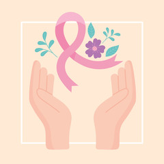 breast cancer awareness hands pink ribbon flowers decoration vector design