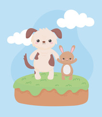little cute dog and rabbit cartoon animals in a natural landscape