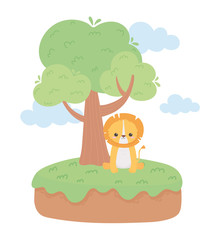 Obraz na płótnie Canvas cute little lion tree grass cartoon animals in a natural landscape