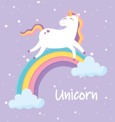 Fototapeta na wymiar cute magical unicorn walking on rainbow animal cartoon