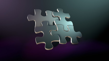 Connected puzzle pieces - Four pieces of jigsaw puzzle flying in air in dark room. Connecting, merging and solving problems concept. 3d illustration.