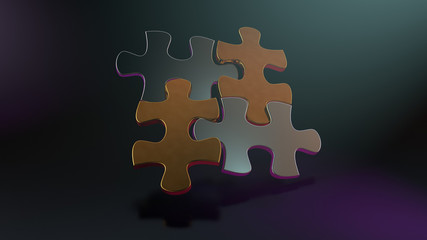 Puzzle pieces connected - Four jigsaw puzzle bricks with metal texture, gold and silver. Solution, connection and problem solving concept. 3d illustration.
