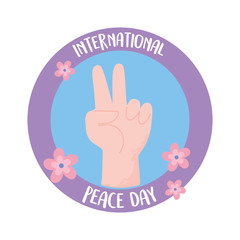 international peace day, hand peace and love gesture flowers