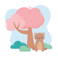 cute little bear sitting tree cartoon animals in a natural landscape