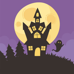 Obraz na płótnie Canvas happy halloween, castle ghost moon night forest trick or treat party celebration